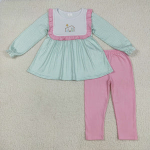 Jesus Green Plaid Pink Ruffles Girls Christmas Outfits