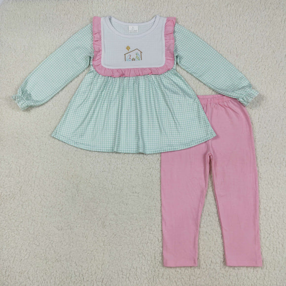 Jesus Green Plaid Pink Ruffles Girls Christmas Outfits