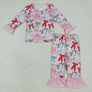Bow Pattern Pink Ruffles Girls Christmas Pajamas