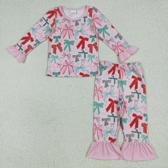 Bow Pattern Pink Ruffles Girls Christmas Pajamas