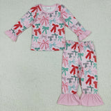 Bow Pattern Pink Ruffles Girls Christmas Pajamas