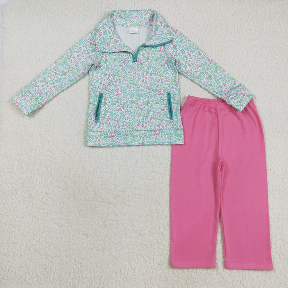 Floral Zipper Hot Pink Girls Long Sleeve+Trousers Sets