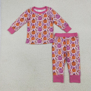 Pumpkin Bow Pattern Hot Pink Girls Long Sleeve Pajamas