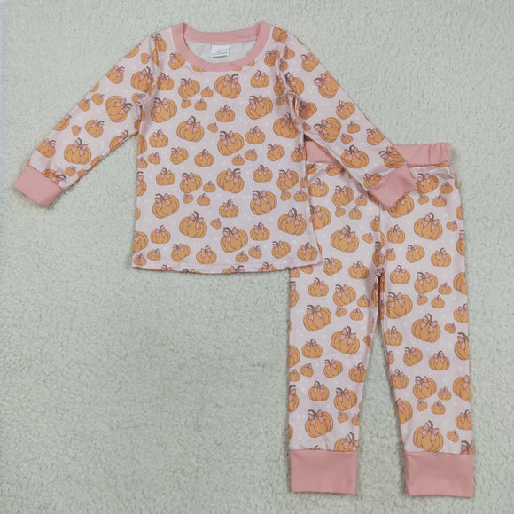 Bow Pattern Pumpkin Pink Girls Long Sleeve Pajamas