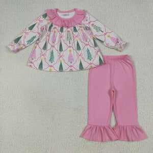Tree Pink Bow Pattern Plaid Ruffles Girls Christmas Outfits