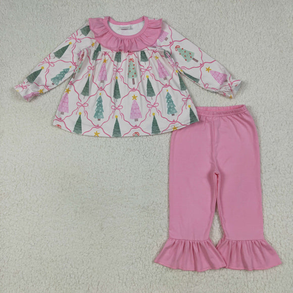 Tree Pink Bow Pattern Plaid Ruffles Girls Christmas Outfits
