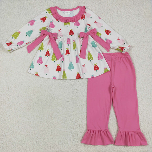 Bow Pattern Trees Pink Ruffles Girls Christmas Outfits