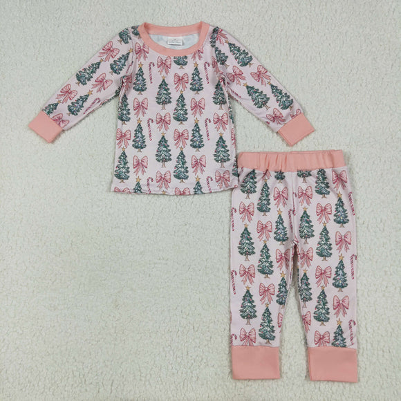 Trees Bow Pattern Pink Girls Christmas Pajamas