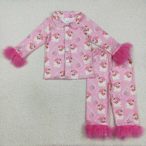 Santa Pink Furry Decoration Girls Christmas Pajamas