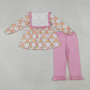 Bow Pattern Pumpkin Pink Ruffles White Girls Long Sleeve+Trousers Sets