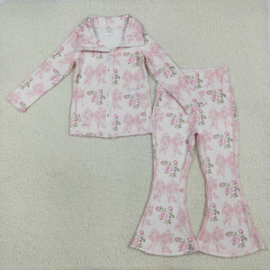 Floral Bow Pattern Pink Athletic Yoga Girls Long Sleeve+Trousers Sets