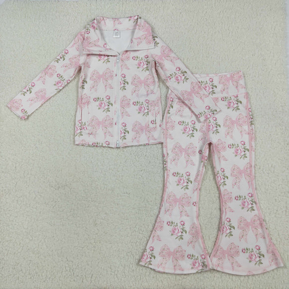 Floral Bow Pattern Pink Athletic Yoga Girls Long Sleeve+Trousers Sets