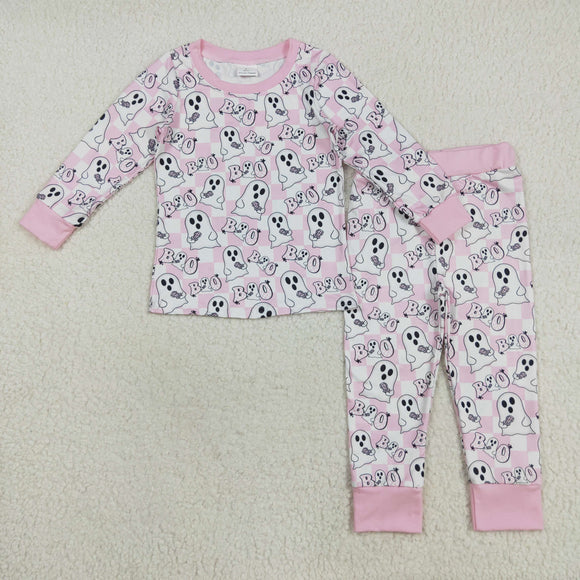 Boo Ghost Pink Plaid Girls Halloween Pajamas