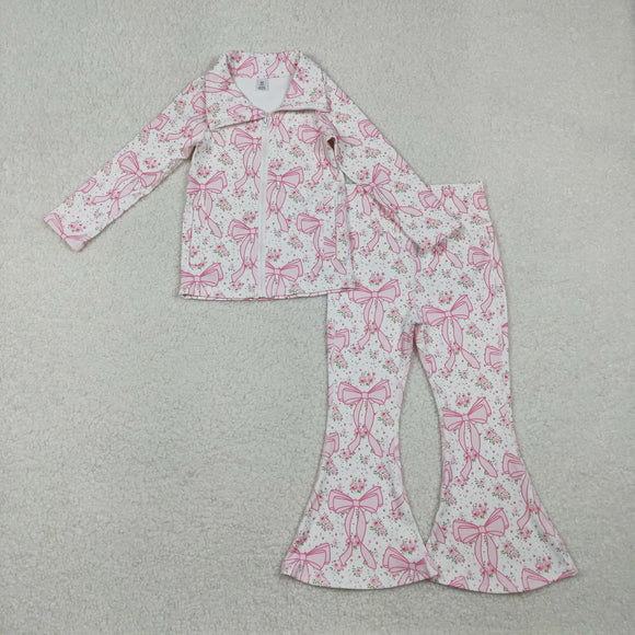 Pink Floral Bow Pattern White Athletic Yoga Girls Long Sleeve+Trousers Sets