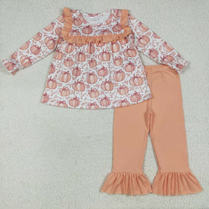 Bow Pumpkin Light Orange Ruffles Girls Long Sleeve+Trousers Sets