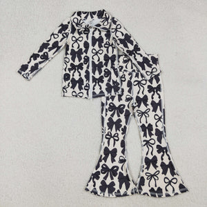 Black Bow Pattern Athletic Yoga Girls Long Sleeve+Trousers Sets