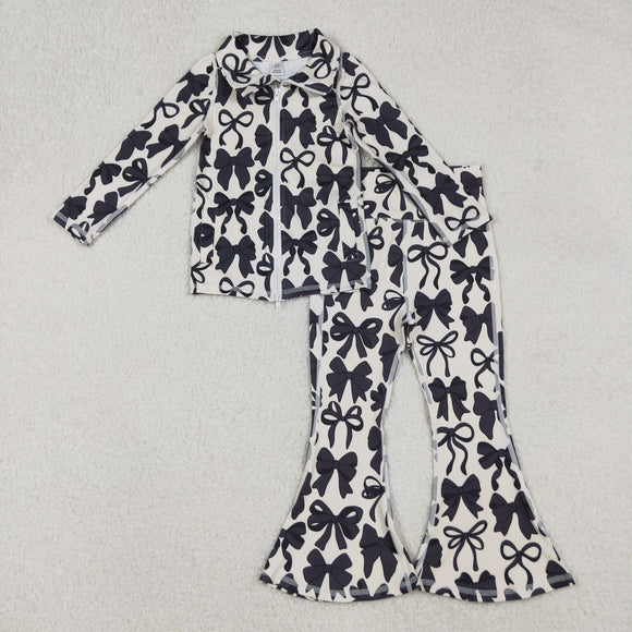 Black Bow Pattern Athletic Yoga Girls Long Sleeve+Trousers Sets