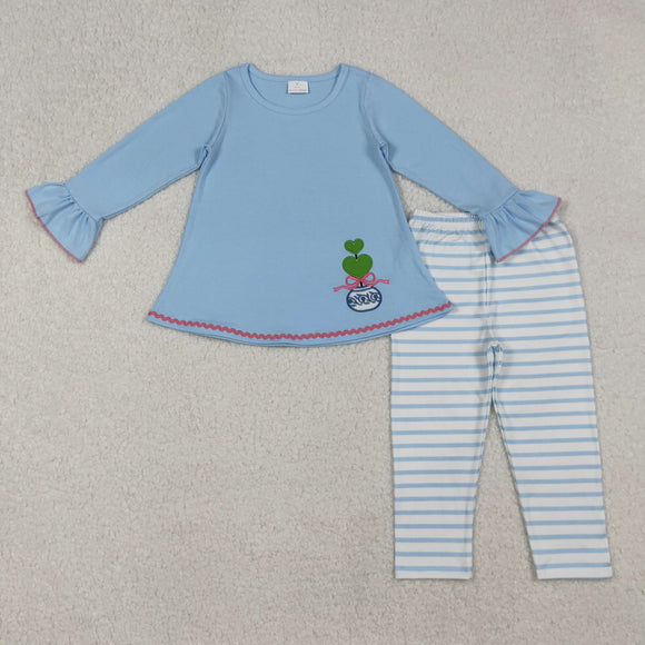 Green Heart Blue Stripe Girls Long Sleeve+Trousers Sets