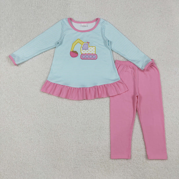 Excavator Blue Stripe Pink Ruffles Girls Long Sleeve+Trousers Sets