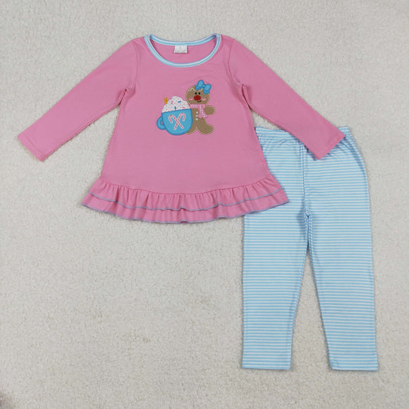 Gingerbread Hot Pink Ruffles Blue Stripe Girls Christmas Outfits