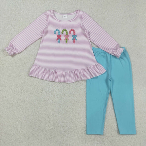 Candy Cane Pink Stripe Blue Girls Christmas Outfits