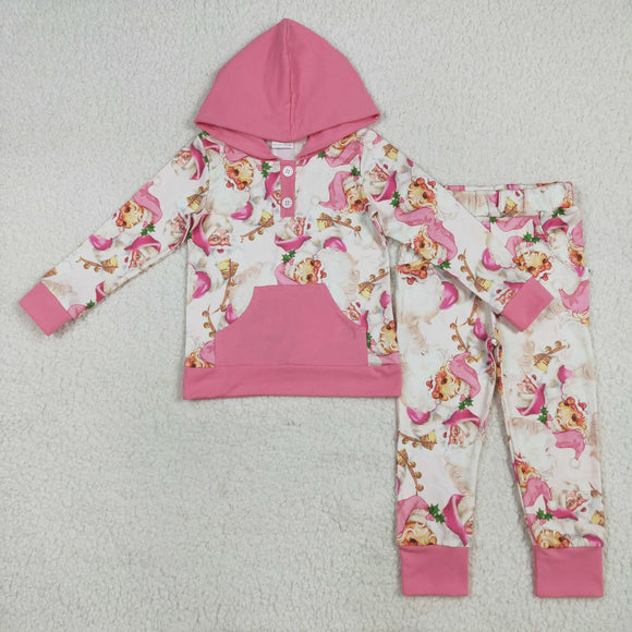 Santa Pink Pocket Hoodie Sets Girls Christmas Outfits