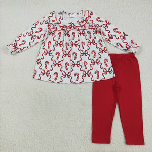 Red Bow Pattern Candy Cane White Girls Christmas Outfits