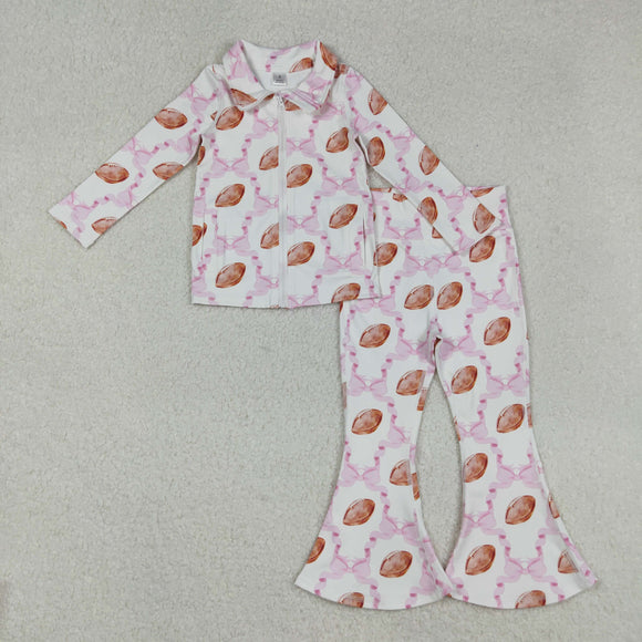 Football Pink Bow Pattern Athletic Yoga Girls Long Sleeve+Trousers Sets