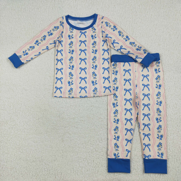 Bow Pattern Floral Blue Beige Girls Long Sleeve Pajamas