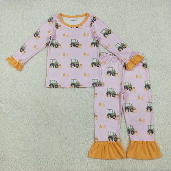 Pumpkin Tractor Orange Ruffles Pink Girls Long Sleeve Pajamas
