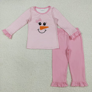 Snowman Pink Stripe Girls Christmas Pajamas