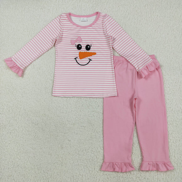 Snowman Pink Stripe Girls Christmas Pajamas
