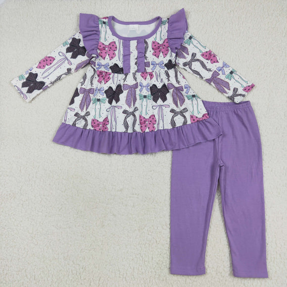Purple Bow Pattern White Girls Christmas Outfits