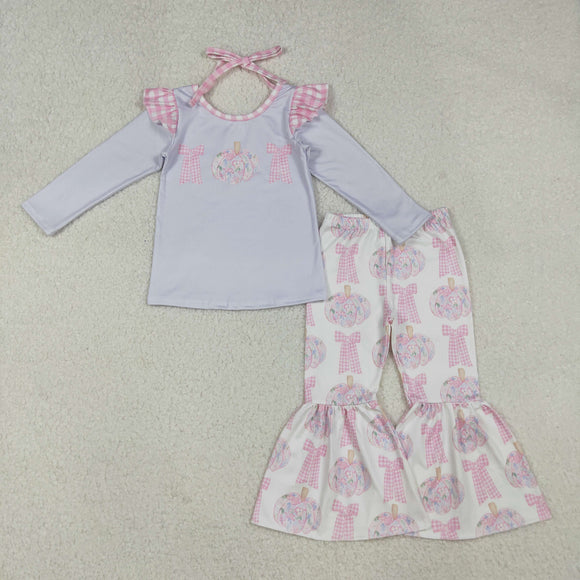 Pumpkin Pink Plaid Bow Pattern Girls Long Sleeve+Trousers Sets