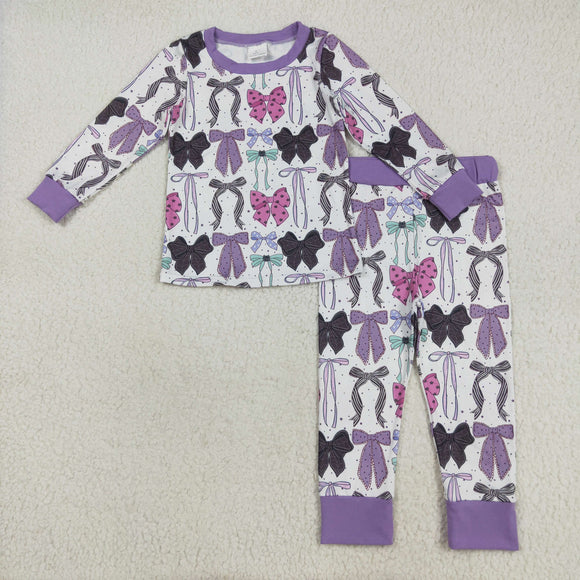 Purple Bow Pattern White Girls Halloween Pajamas