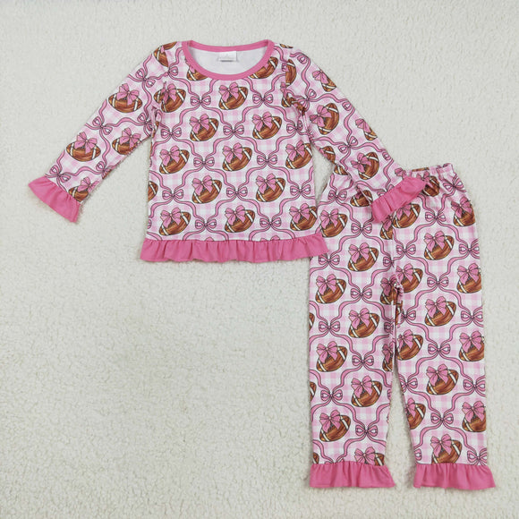 Football Bow Pattern Pink Ruffles Girls Long Sleeve Pajamas