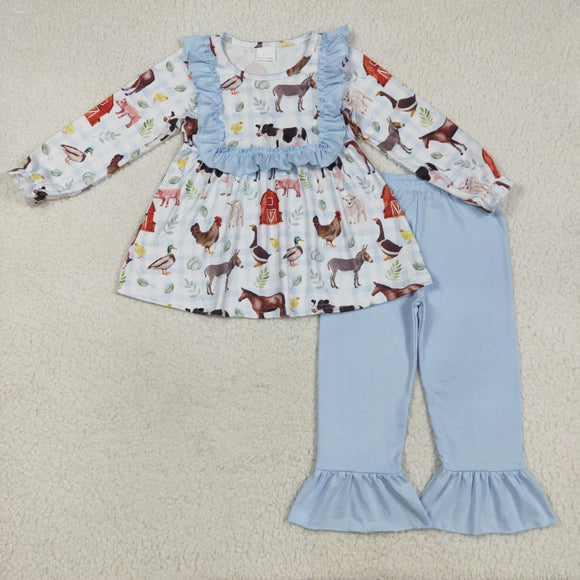 Farm Animals Blue Ruffles White Girls Long Sleeve+Trousers Sets
