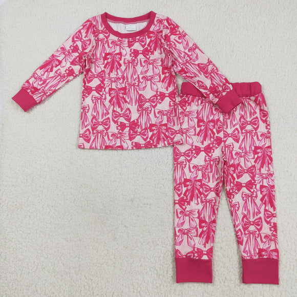 Hot Pink Bow Pattern Girls Long Sleeve Pajamas