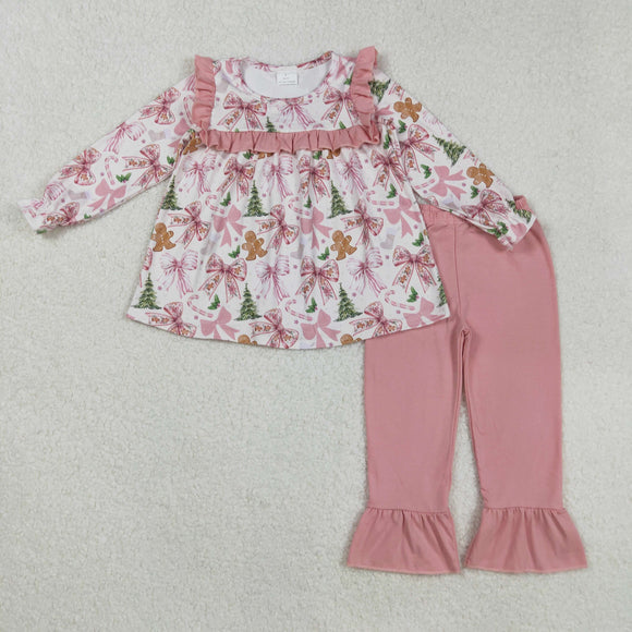 Gingerbread Bow Pattern Pink Ruffles Girls Christmas Outfits