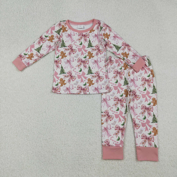 Gingerbread Bow Pattern Pink Ruffles Girls Christmas Pajamas