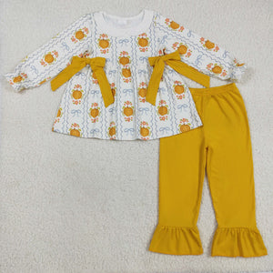 Pumpkin Bow Pattern Yellow Girls Long Sleeve+Trousers Sets