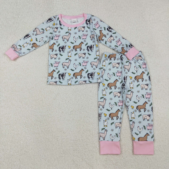 Farm Animals Blue Pink Girls Long Sleeve Pajamas
