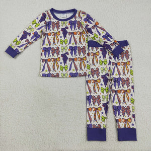 Purple Green Bow Pattern Girls Halloween Pajamas