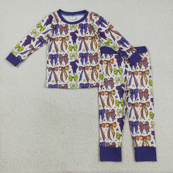 Purple Green Bow Pattern Girls Halloween Pajamas