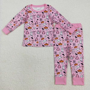Ghost Pumpkin Bow Pattern Pink Girls Halloween Pajamas
