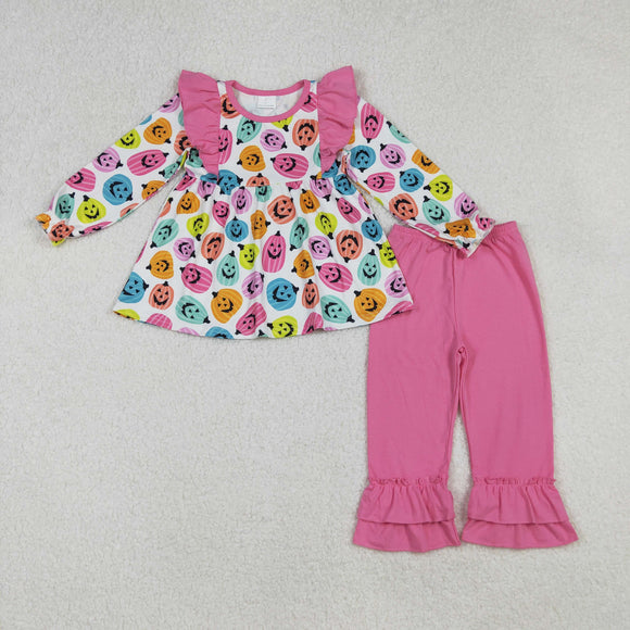 Smile Pumpkin Hot Pink Ruffles Girls Halloween Outfits
