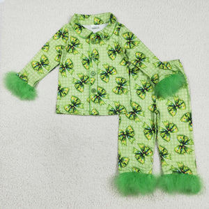 Bow Pattern Plaid Green Furry Decoration Girls Christmas Pajamas