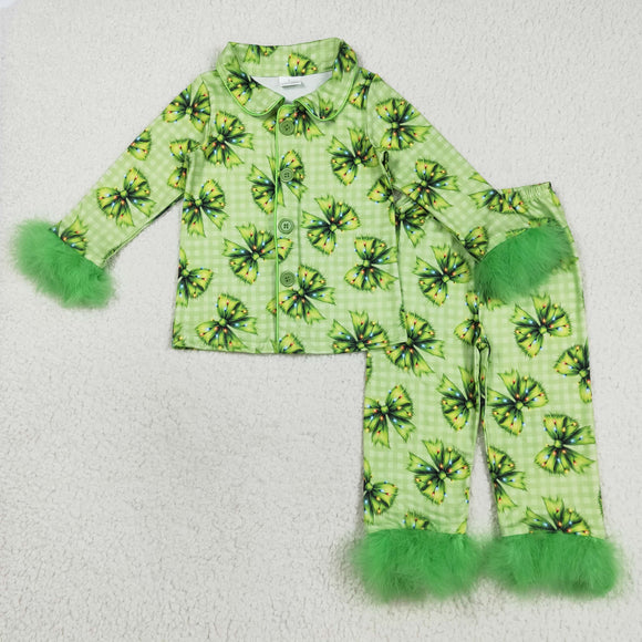 Bow Pattern Plaid Green Furry Decoration Girls Christmas Pajamas