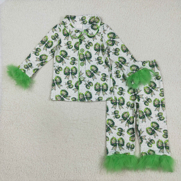 Bow Pattern Green Furry Decoration White Girls Christmas Pajamas