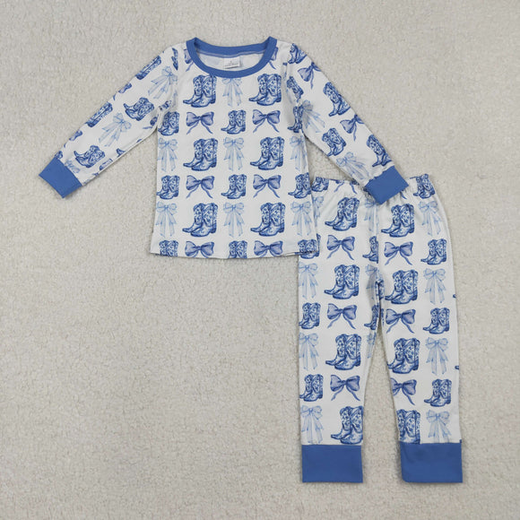 Boots Bow Pattern Blue White Girls Long Sleeve Pajamas